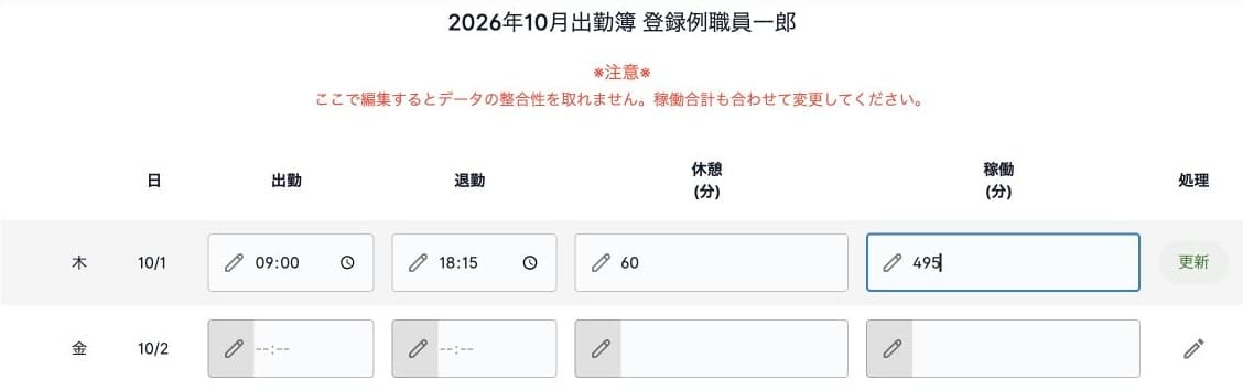 10月1日の退勤18:15・休憩60分・稼働495分を入力した状態