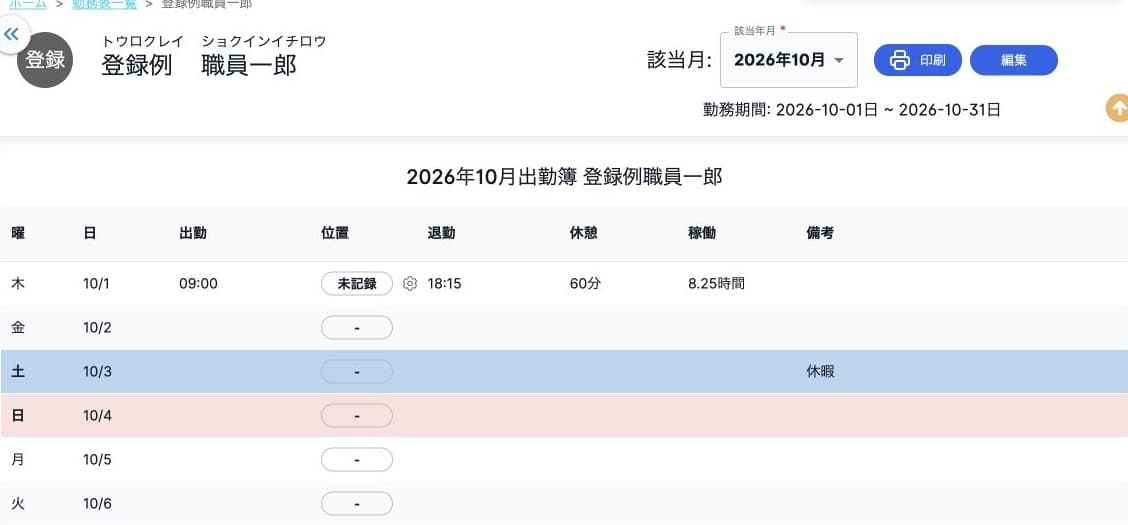 日別更新後の退勤18:15・休憩60分・稼働8.25時間