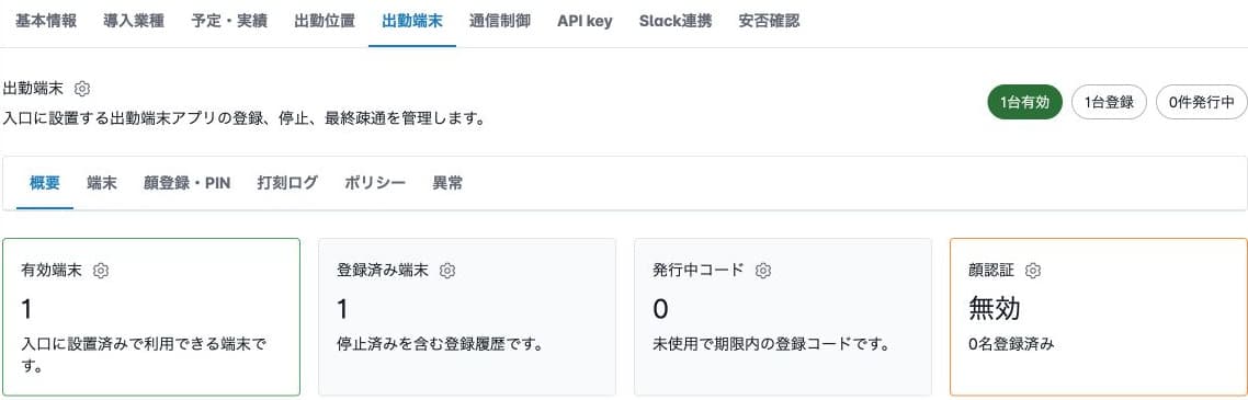 出勤端末の概要と6つのタブ