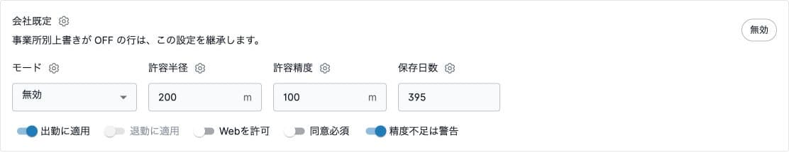出勤位置の会社既定と記録・警告の条件