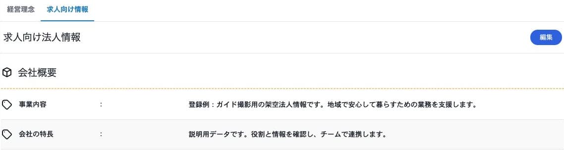 架空の事業内容・会社の特長を保存した求人向け法人情報