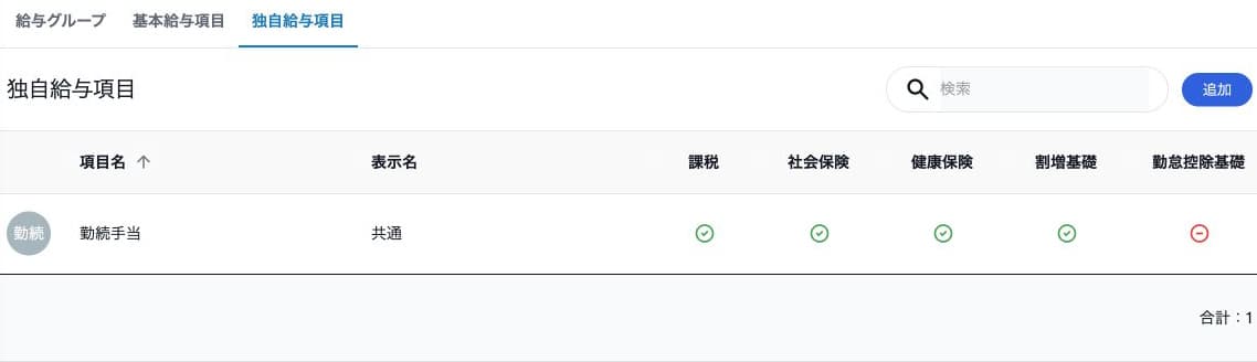 独自給与項目の課税・保険・割増・勤怠控除基礎の設定一覧