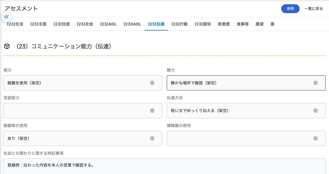 伝達の視力・聴力・言語能力・伝達方法・補助具