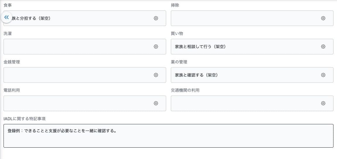 IADLの食事・掃除・洗濯・買い物・金銭管理の下側・保存済み特記事項