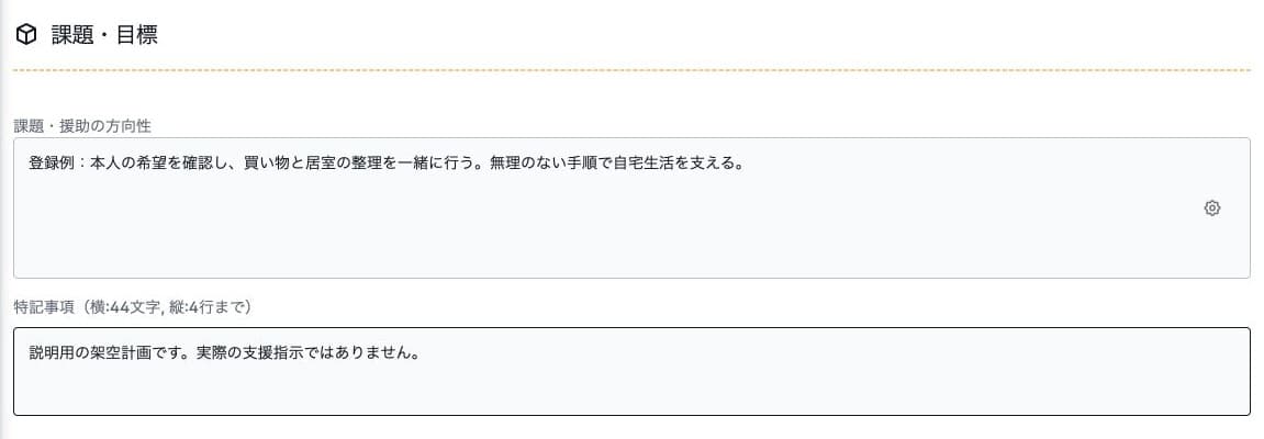 訪問計画の課題・援助の方向性と特記事項