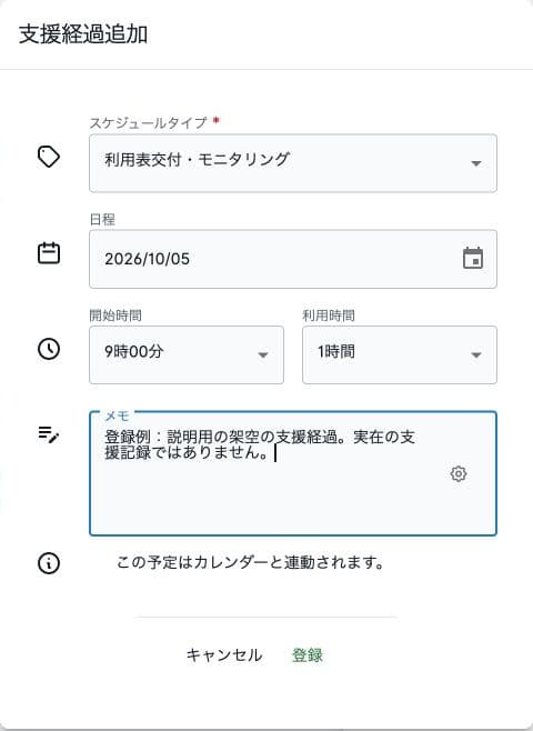 支援経過のスケジュールタイプ・日程・時間・メモ