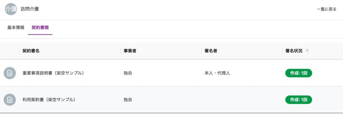 架空の契約書類2件と作成回数の表示