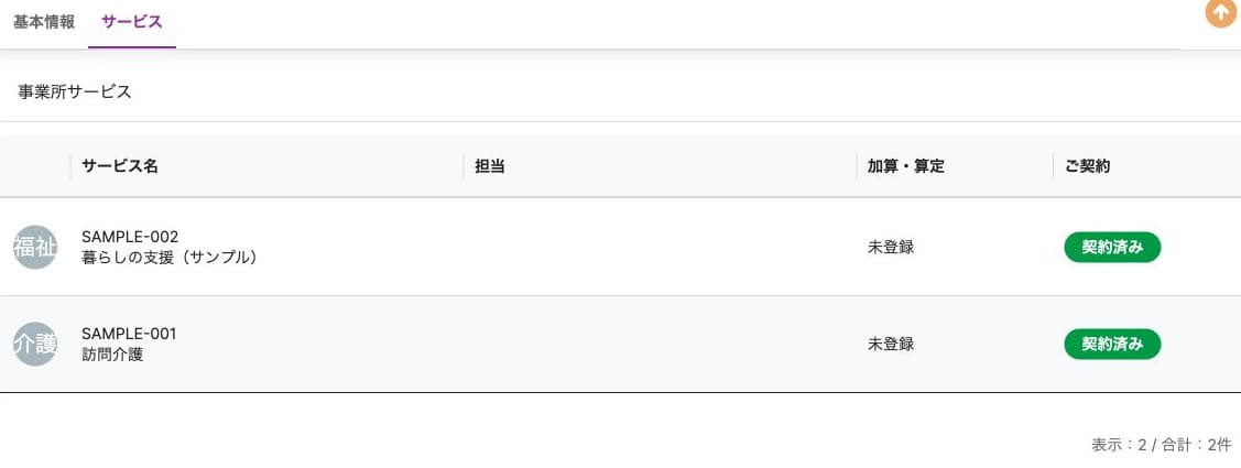 サービス一覧の2件、加算・算定とご契約の表示