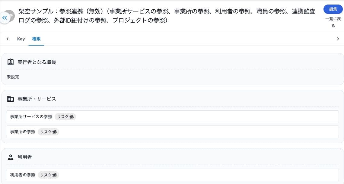 無効サンプルの参照権限と実行者未設定の表示。