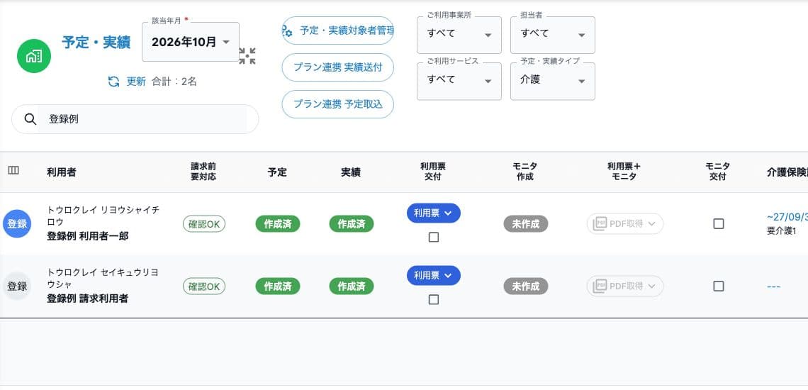 架空利用者2件の予定・実績一覧。対象月と作成状態を画面で確認する。