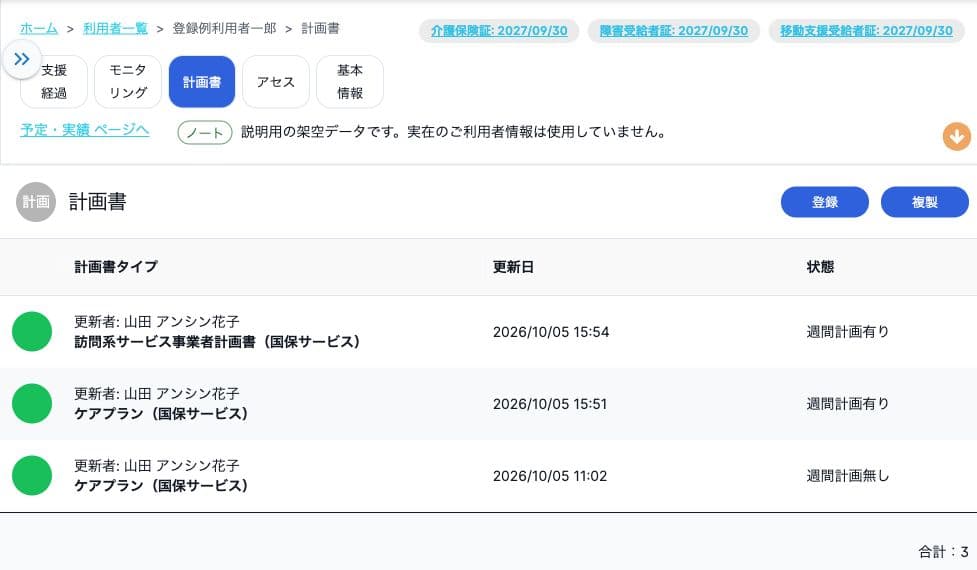 架空利用者のサービス計画書一覧。週間計画の状態を画面で確認する。
