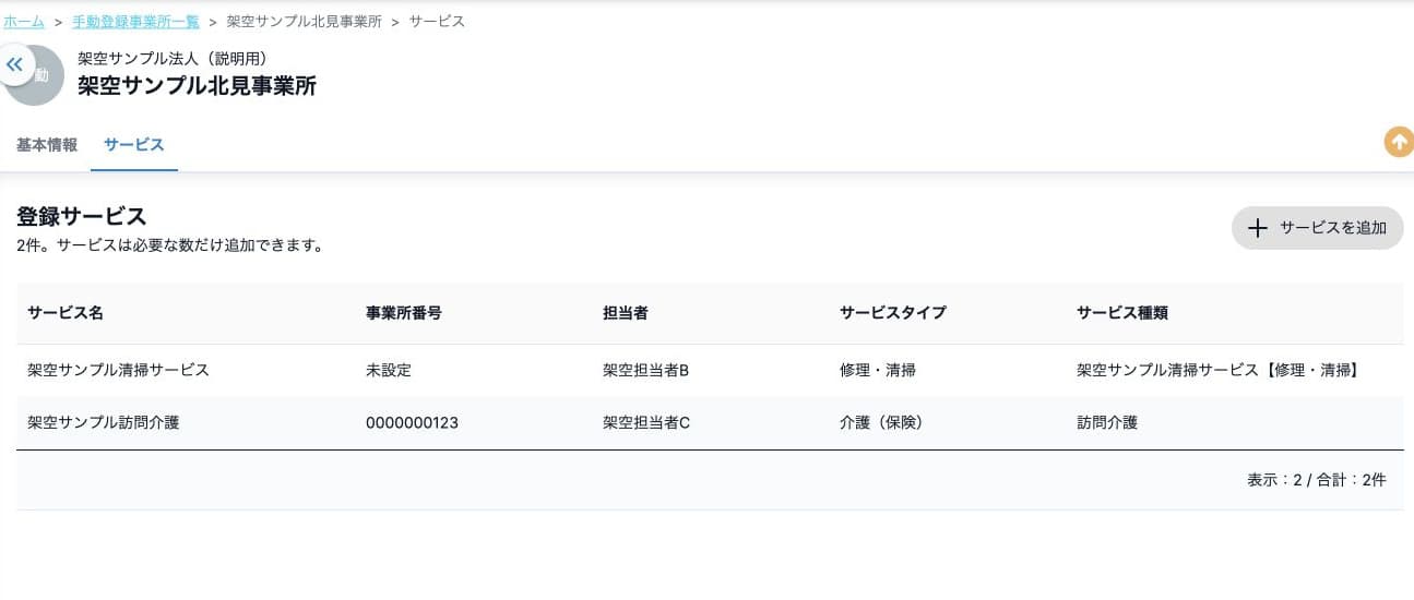 事業所に登録された2サービス