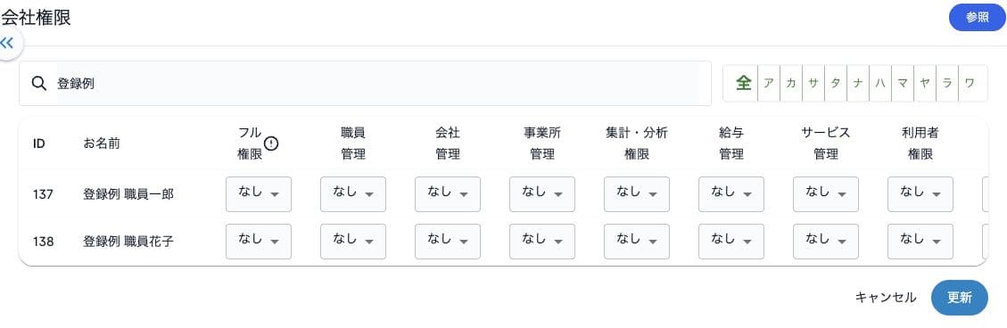 登録例で絞った架空職員2名の会社権限編集欄と更新ボタン