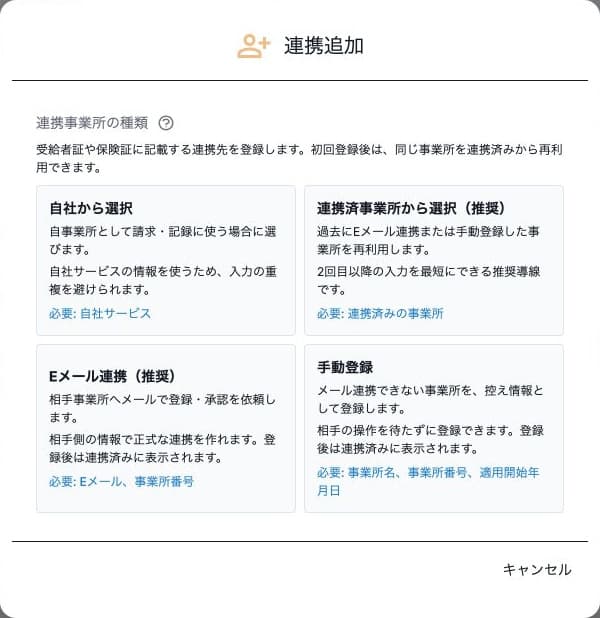 予定・実績の提供事業者を追加する自社、連携済、Eメール、手動の4方法