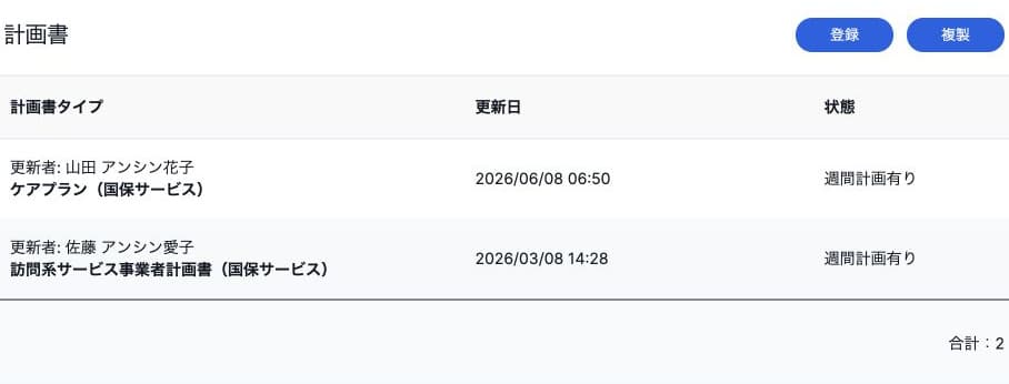 ご利用者の計画書一覧の登録、複製、計画書タイプと週間計画有りの状態