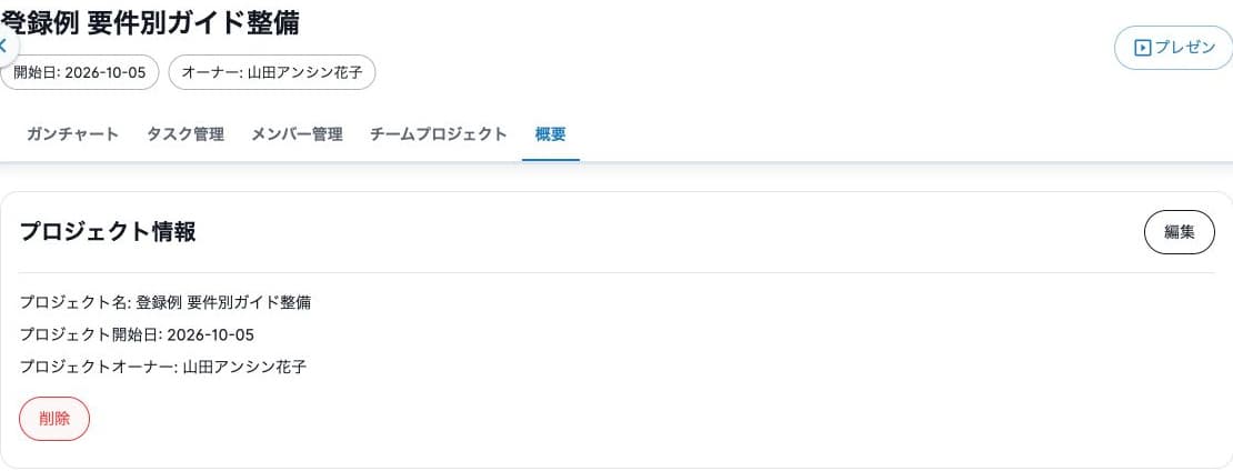 架空プロジェクトの開始日、オーナー、概要と編集ボタン