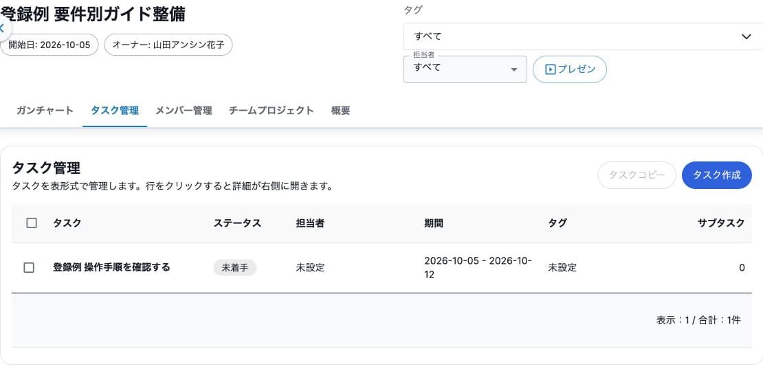 架空タスク1件の未着手、担当者未設定、期間とタスク作成ボタン