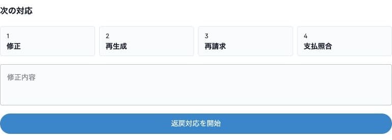 返戻対応の修正・再生成・再請求・支払照合と開始操作